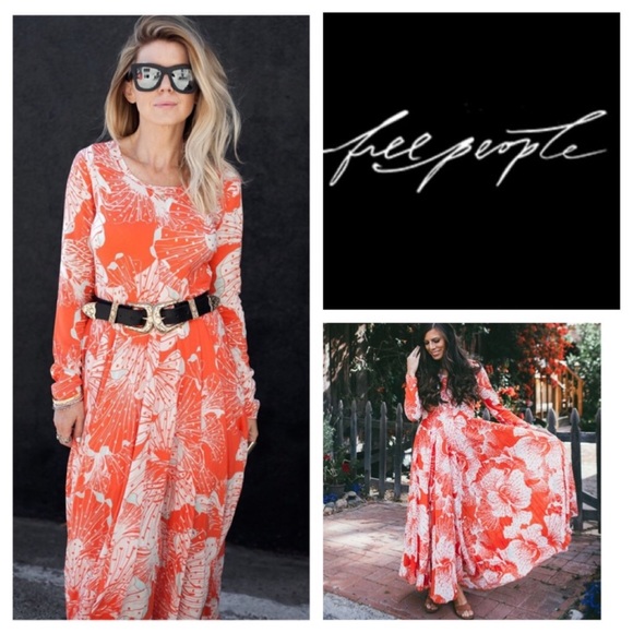 Free People First Kiss floral full skirt maxi dress Tangerine Dream - Picture 2 of 11